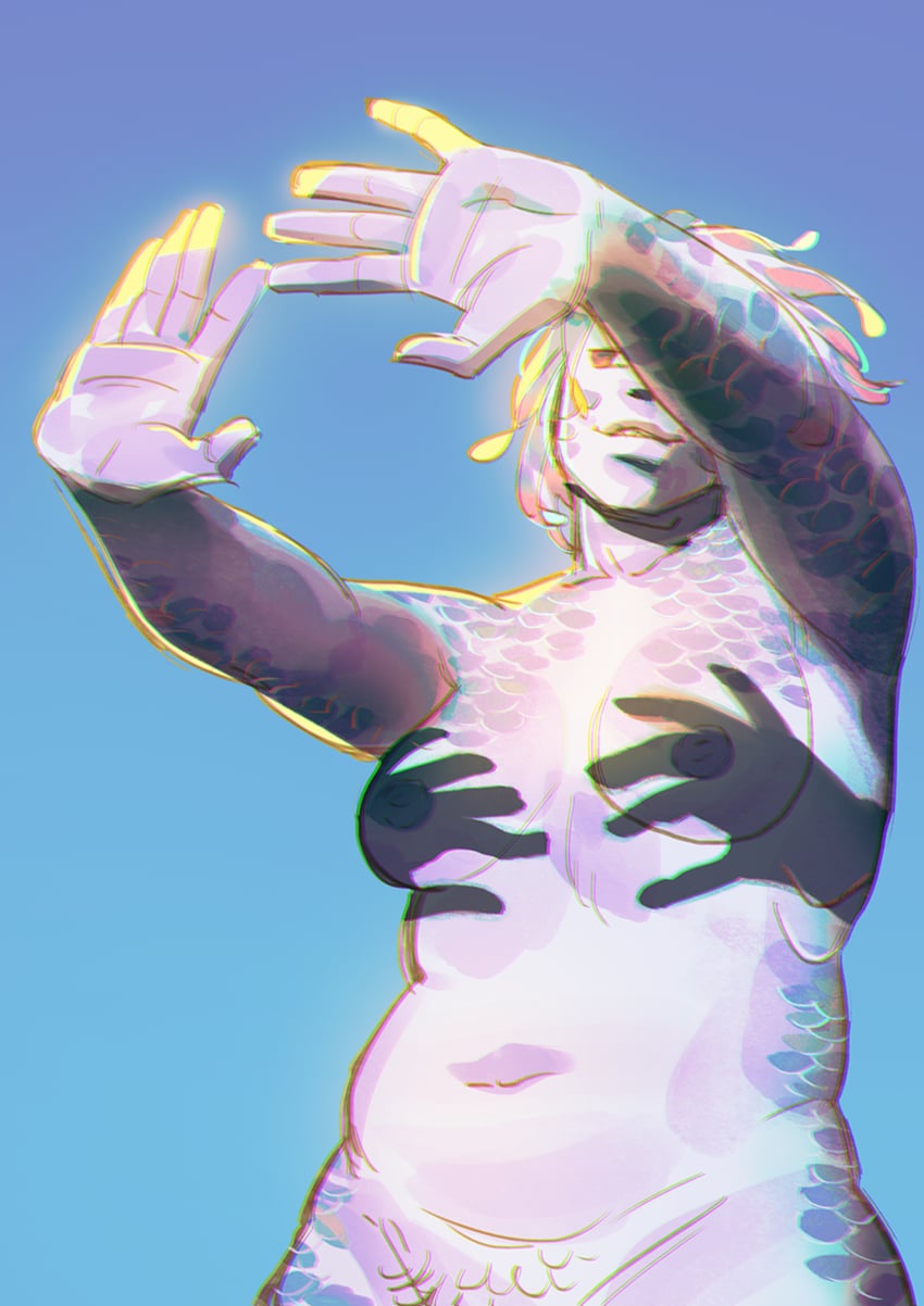 原创、奥斯卡 (Sframboob) 蓝色鳞片 乳房 有色皮肤 鱼人男孩 虹彩