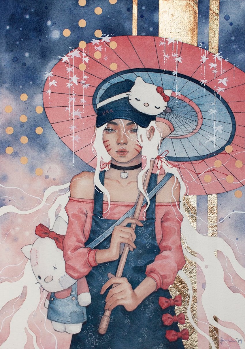 Hello Kitty、原创、三丽鸥 1名女孩 牛仔布 牛仔连衣裙 连衣裙 手持