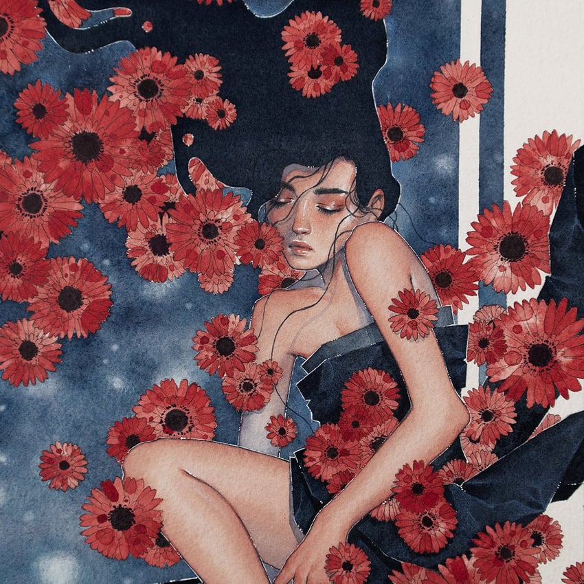 原创 1名女孩 露肩 黑发 闭眼 花