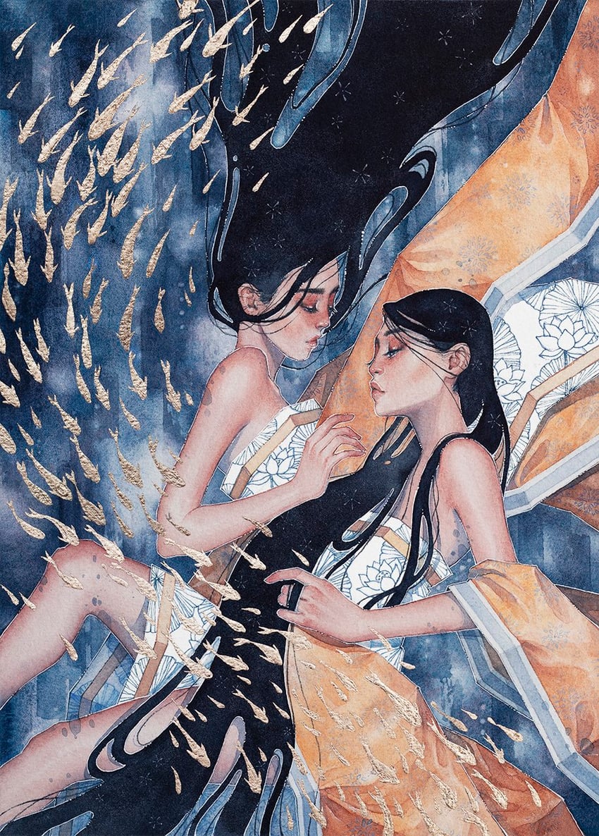 原创 2名女孩 露肩 黑发 鱼 长发