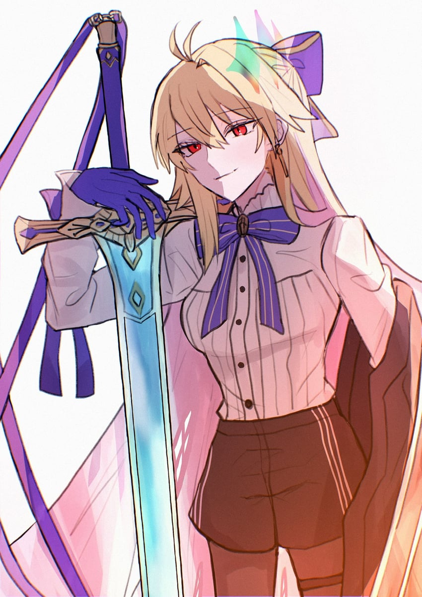 Fate/Grand Order、Fate系列、爱尔奎特 (地球姬) 1名女孩 呆毛 黑色短裤 蓝色蝴蝶结 蓝色手套