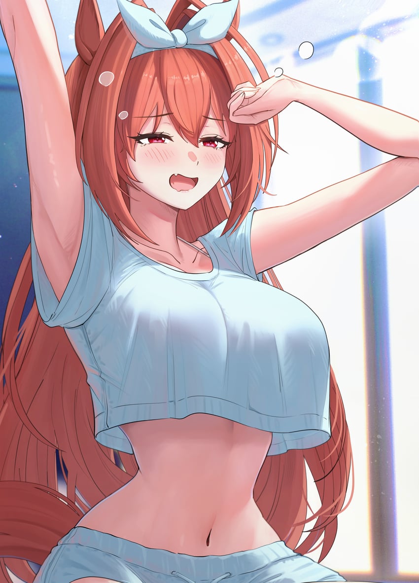 赛马娘、大和赤骥 (赛马娘) 1名女孩 兽耳 举手 腋下 脸红