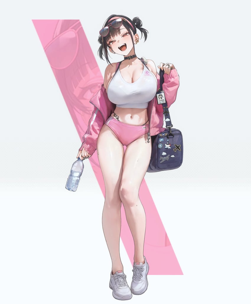 胜利女神：妮姬、索拉 (胜利女神：妮姬)、空 (春日飞行) (妮姬) 1名女孩 包 黑色项圈 黑发 瓶子