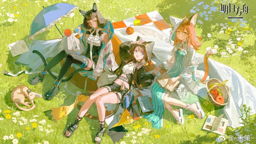 明日方舟、帕比露丝 (明日方舟)、佩佩 (明日方舟) 3人女子 版权标志 版权标志 标志 躺卧