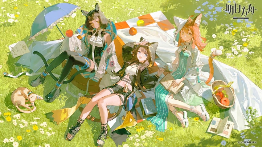 明日方舟、帕比露丝 (明日方舟)、佩佩 (明日方舟) 3人女子 版权标志 版权标志 标志 躺卧