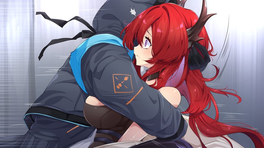 明日方舟、史尔特尔 (明日方舟) 1名男孩 1名女孩 黑角 黑色夹克 脸红