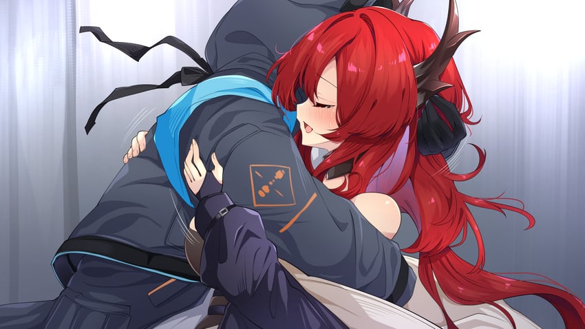 明日方舟、博士 (明日方舟)、史尔特尔 (明日方舟) 1名男孩 1名女孩 黑角 黑色夹克 脸红