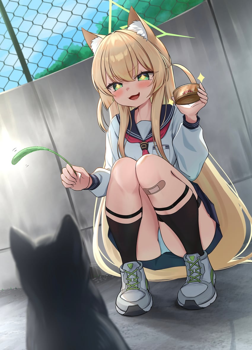 蔚蓝档案、久留美 +_+ 1名女孩 兽耳 创可贴 黑袜