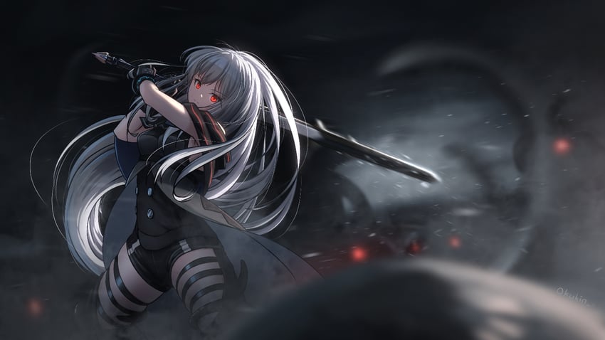 明日方舟、斯卡蒂 (明日方舟)、斯卡蒂 (精英二) (明日方舟) 1名女孩 阿斯科特领巾 黑色细领带 黑色手套 黑衬衫