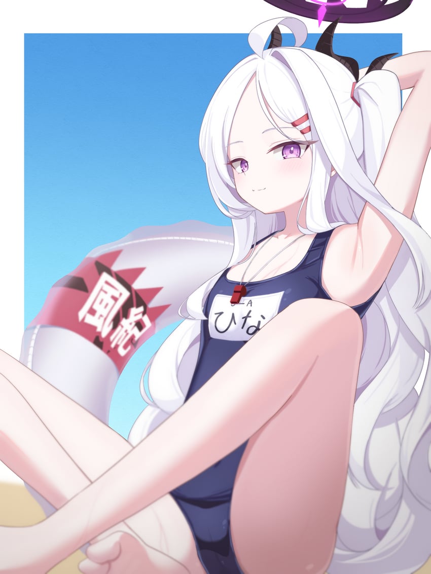 蔚蓝档案、空崎日奈、日奈 (泳装) (蔚蓝档案) 1名女孩 呆毛 腋下 黑色光环 脸红