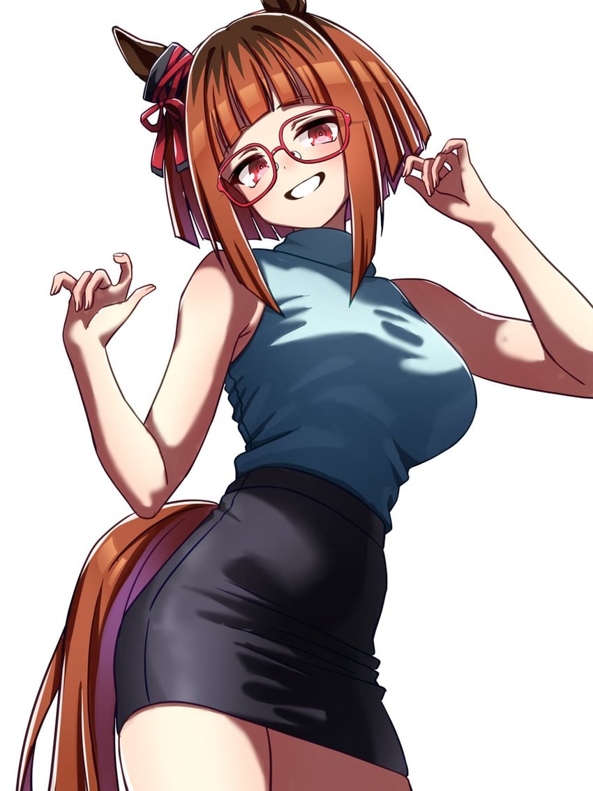 赛马娘、真弓快车 (赛马娘) 1名女孩 兽耳 水蓝色毛衣 露肩 黑色裙子