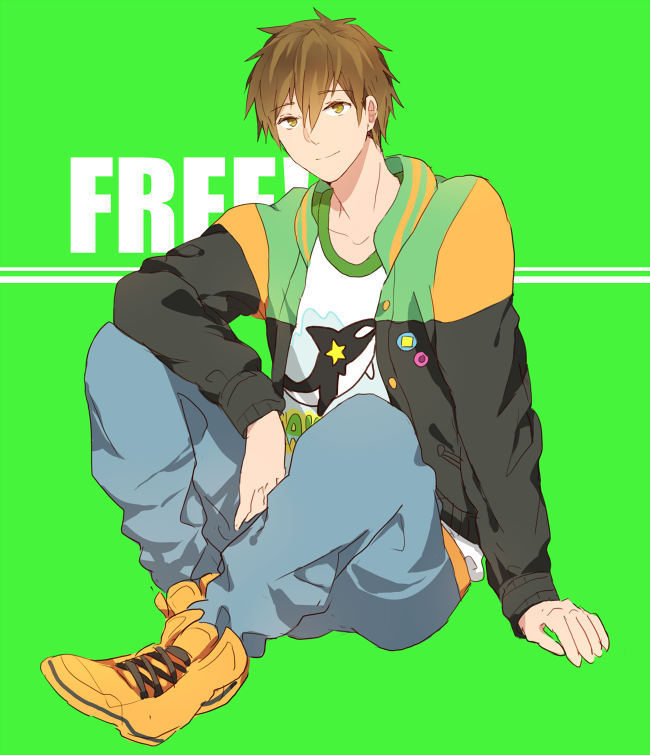 Free!、橘真琴 1名男孩 手臂支撑 蓝色裤子 棕眼睛 棕发