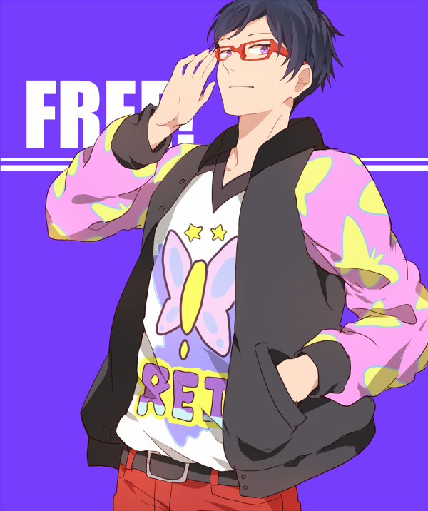 Free!、龙崎怜 1名男孩 调整眼镜 动物花纹 黑色马甲 蓝色背景