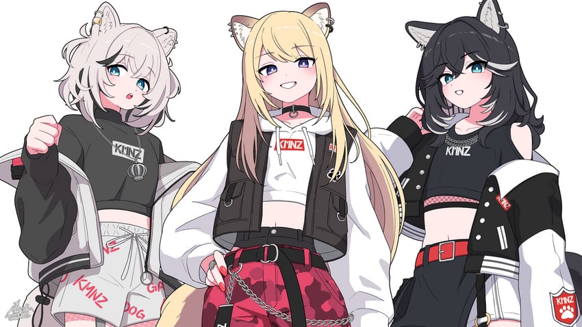 KMNZ、Lita (KMNZ)、Nero (KMNZ) 3人女子 惊讶 兽耳穿孔 兽耳 黑色项圈