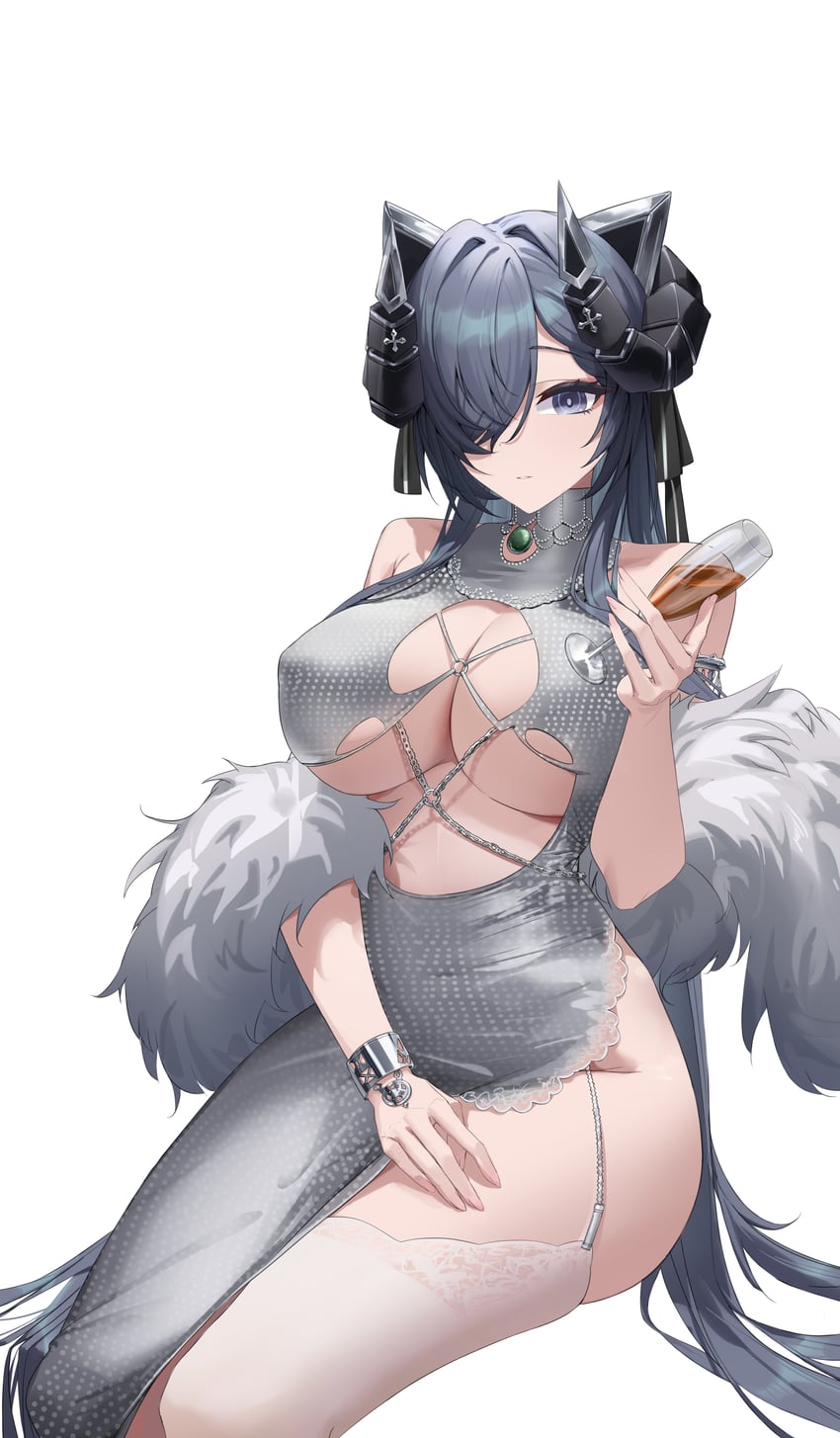 碧蓝航线、奥古斯特·冯·帕塞瓦尔 (碧蓝航线)、august von parseval (night rendezvous with the unhulde) (azur lane) 1名女孩 黑发 黑角 蓝眼 乳房