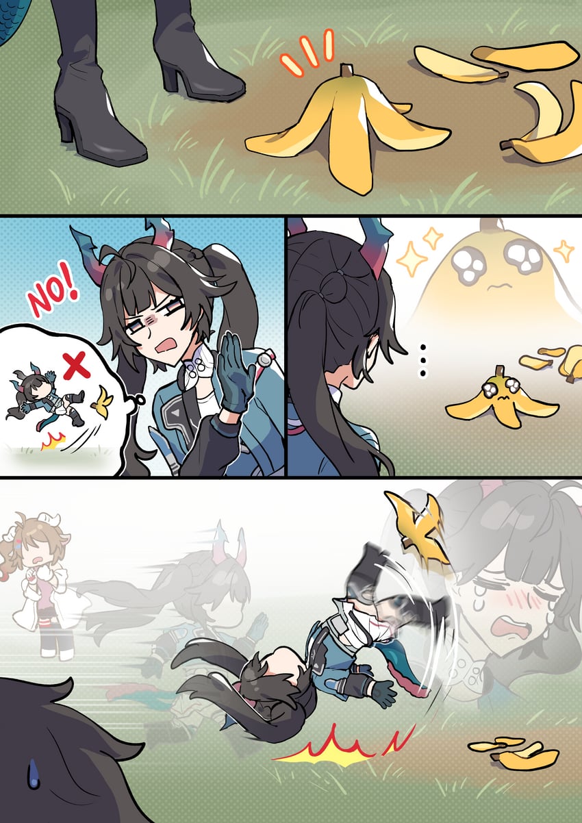 明日方舟、明日方舟：终末地、阿德莉亚 (明日方舟) ... 1名男孩 2名女孩 水蓝色夹克 香蕉皮