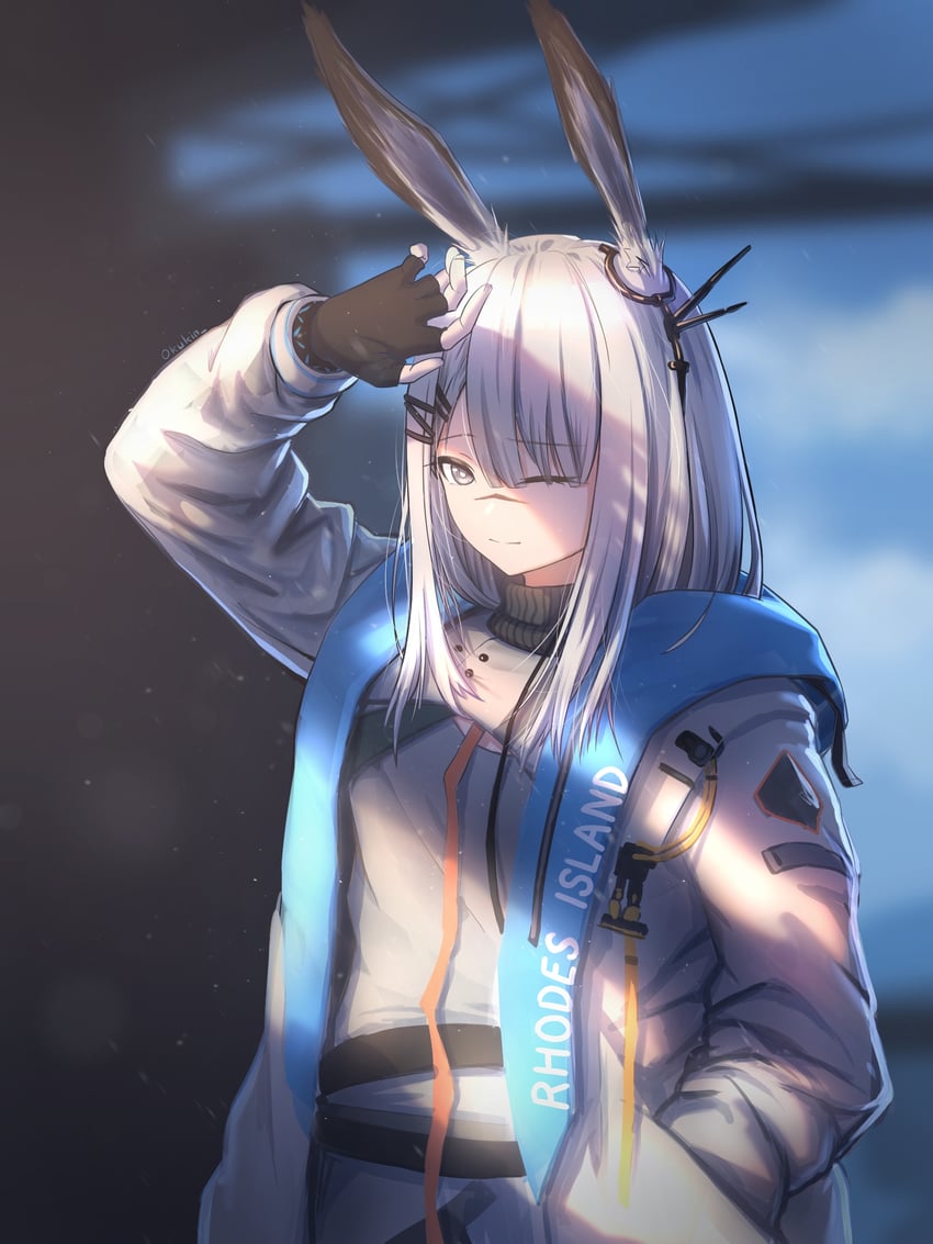 明日方舟、霜星 (明日方舟)、霜星 (罗德岛制服) (明日方舟) 1名女孩 兽耳 水蓝色外套 黑色手套 外套