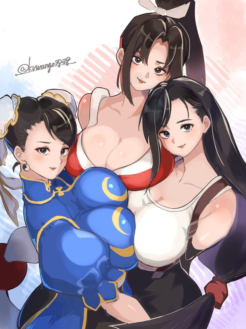 饿狼传说、最终幻想、最终幻想VII 3人女子 黑色手套 黑发 蓝色连衣裙 乳房