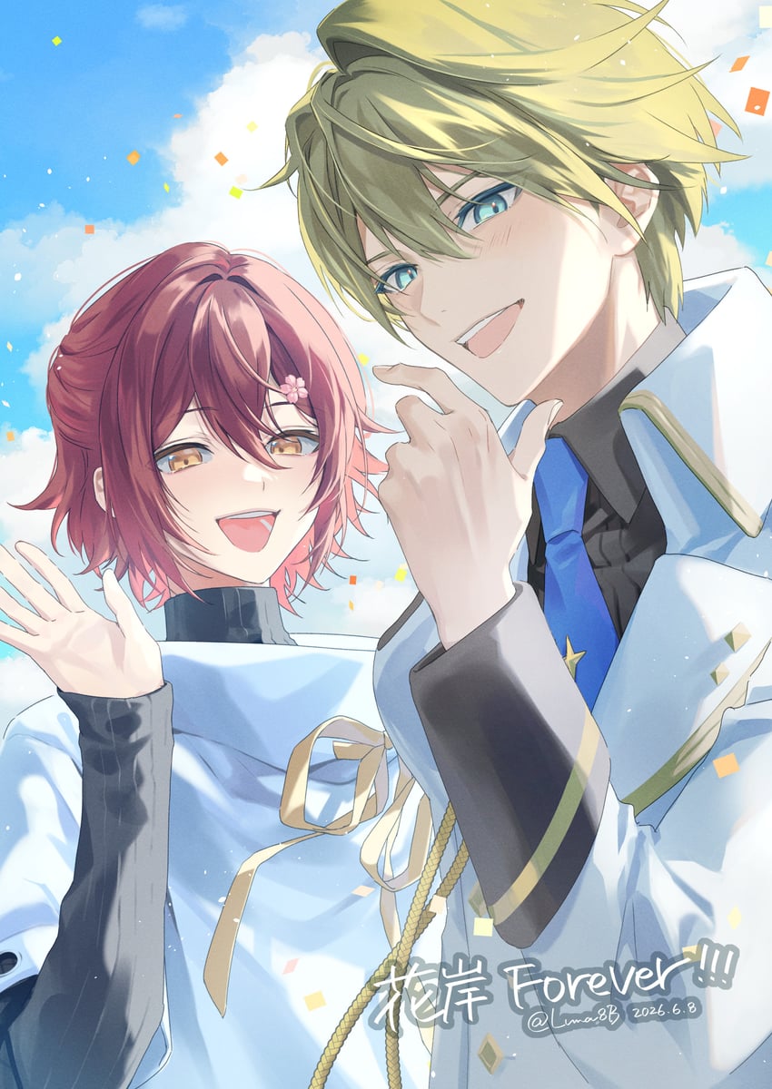 HOLOSTARS、花咲雅、花咲雅 (第一套服装) 黑衬衫 金发 蓝色领带 蓝天 云