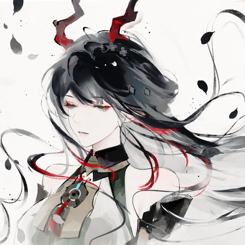 明日方舟、明日方舟：终末地、庄芳怡 (明日方舟) 1名女孩 露肩 黑发 闭嘴 龙娘
