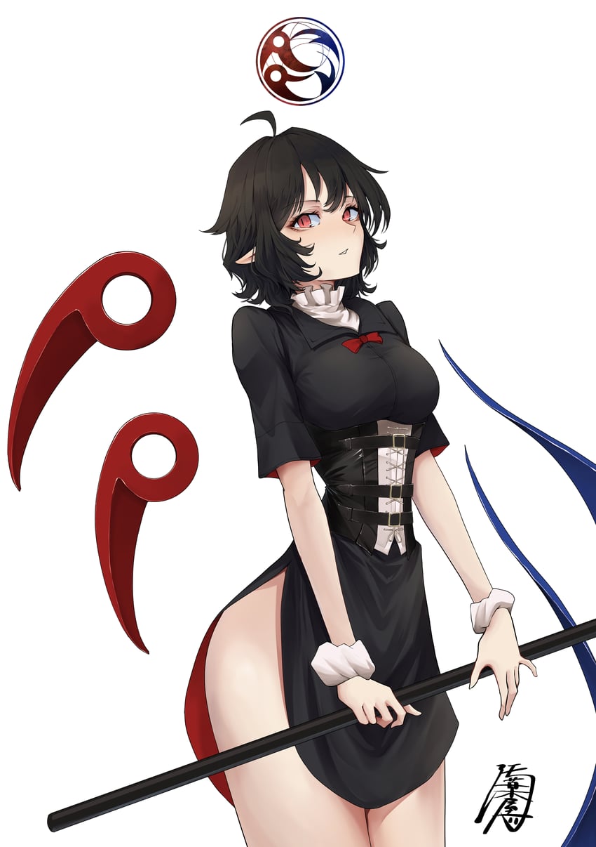 东方Project、封兽鵺 1名女孩 呆毛 黑色连衣裙 乳房 棕发