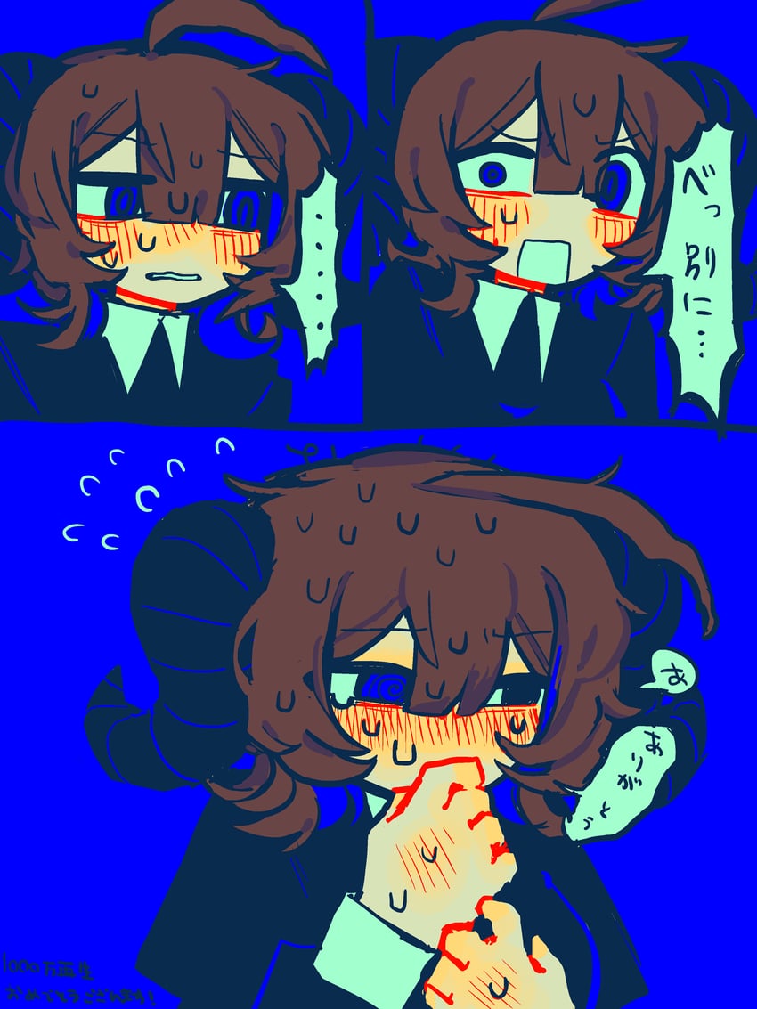 anta ni itenno (utau) 1名女孩 呆毛 蓝色背景 蓝眼 脸红