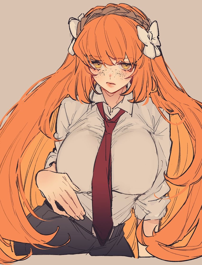 二次元插画 1名女孩 黑裤子 蝴蝶结 乳房 棕色发带