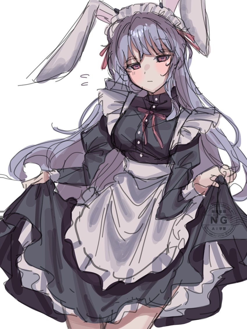 东方Project、铃仙·优昙华院·因幡 1名女孩 替换服装 兽耳 围裙 黑色连衣裙