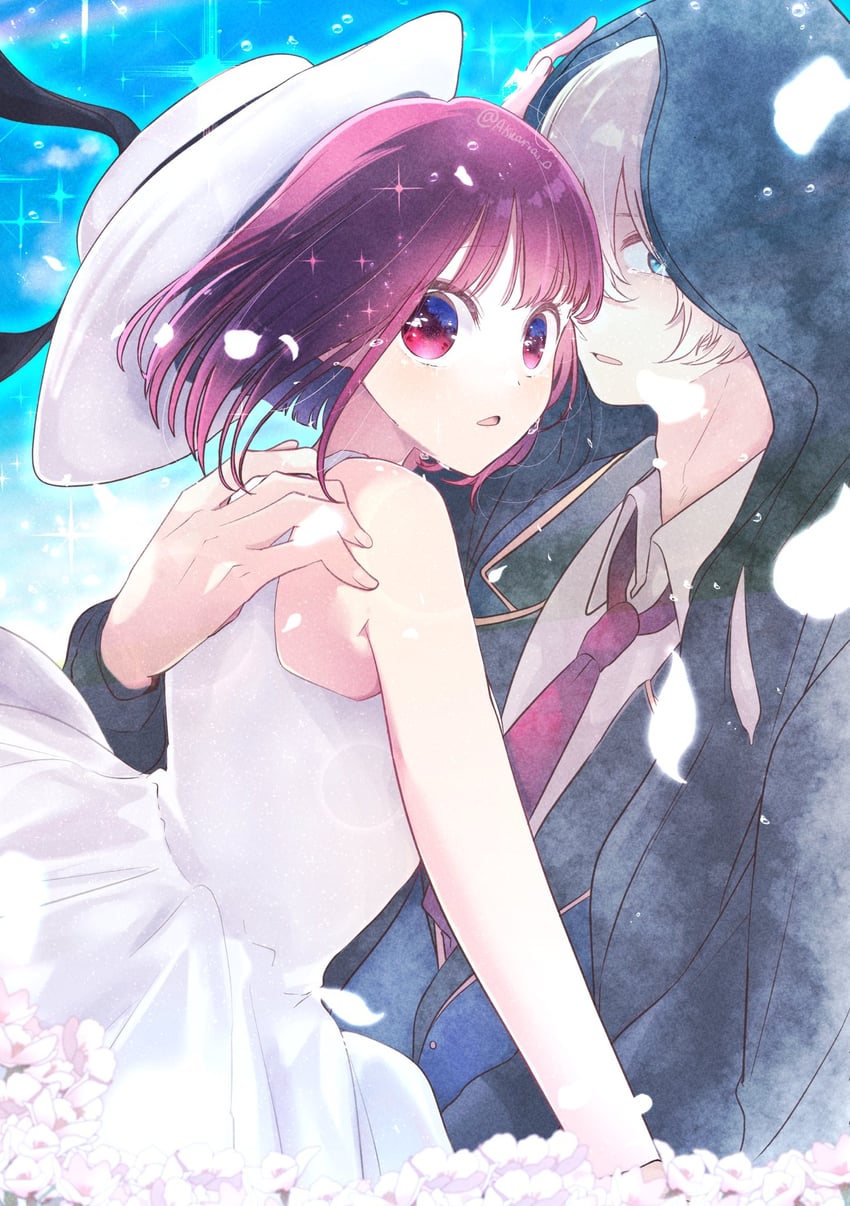 我推的孩子、有马加奈、星野阿库亚 1名男孩 1名女孩 黑色兜帽 黑色夹克 金发