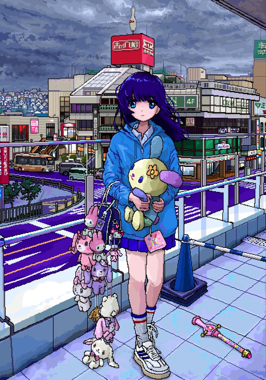 原创 1名女孩 包 蓝眼 蓝发 蓝色夹克