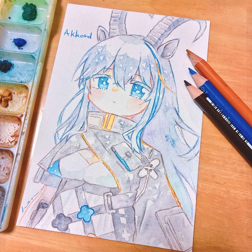 明日方舟、雅各布 (明日方舟) 1名女孩 兽耳 画面内含画具 蓝眼 蓝发