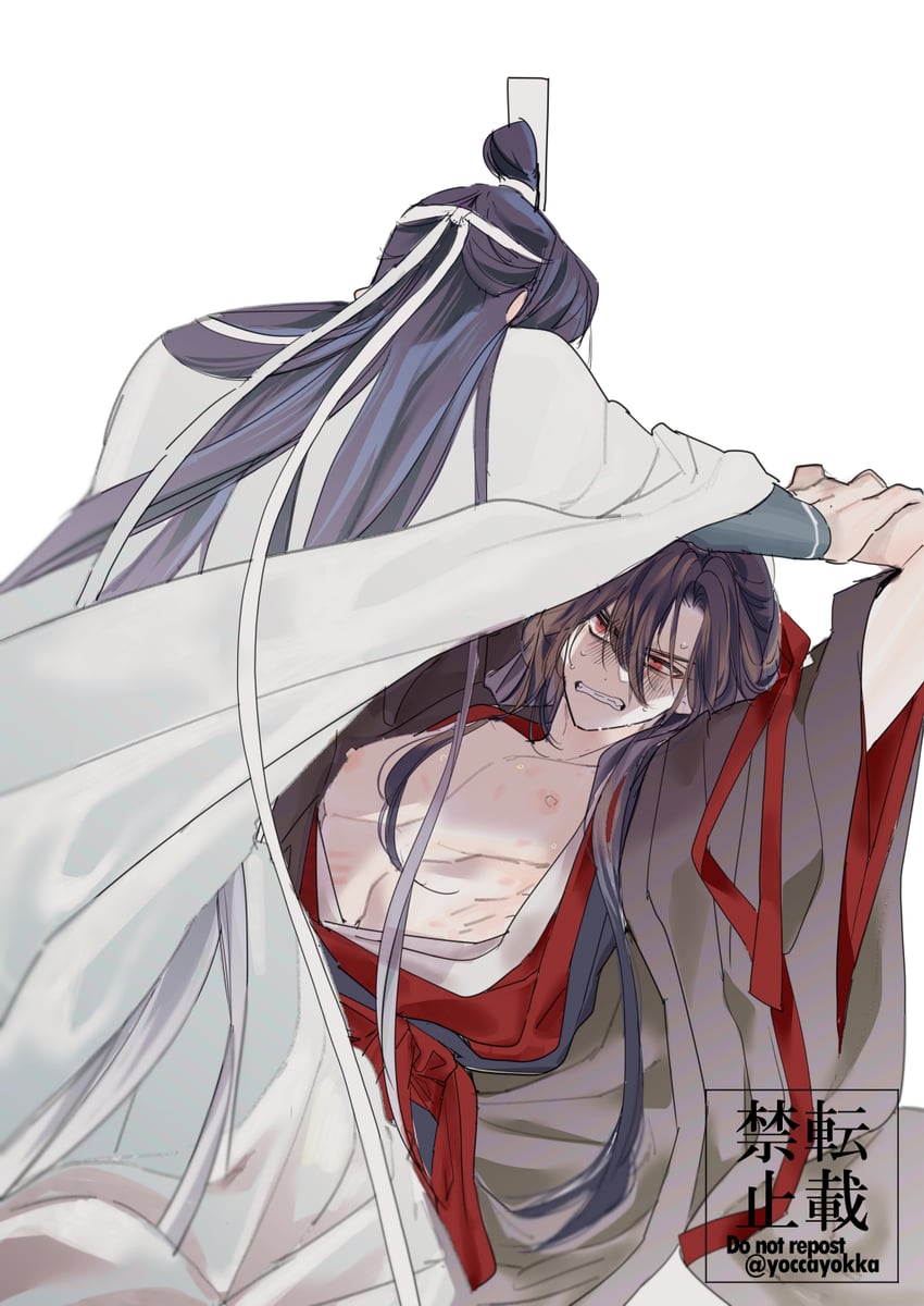魔道祖师、蓝忘机、魏无羡 2个男孩 腹肌 裸露胸肌 黑发 黑色汉服