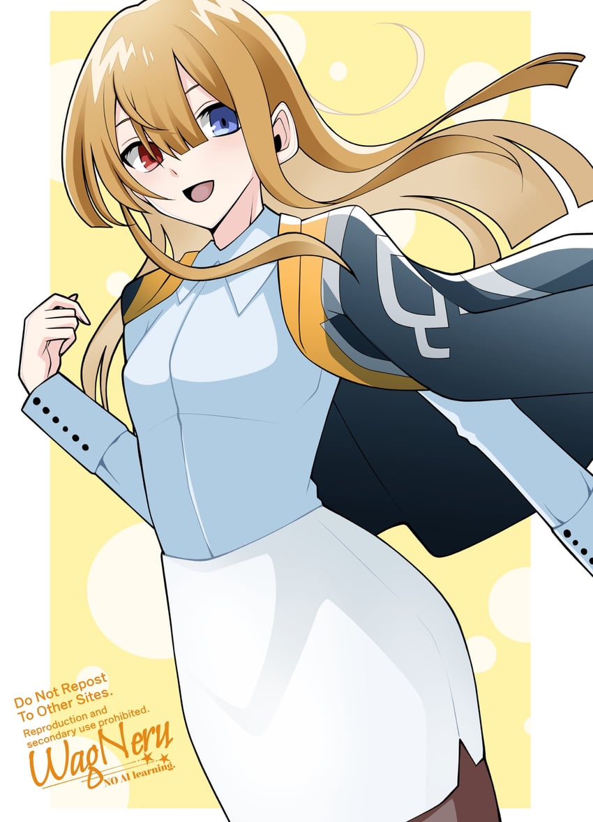 Fate/Grand Order、Fate系列、奥菲莉娅·法姆索露内 1名女孩 黑色夹克 蓝眼 蓝色衬衫 脸红