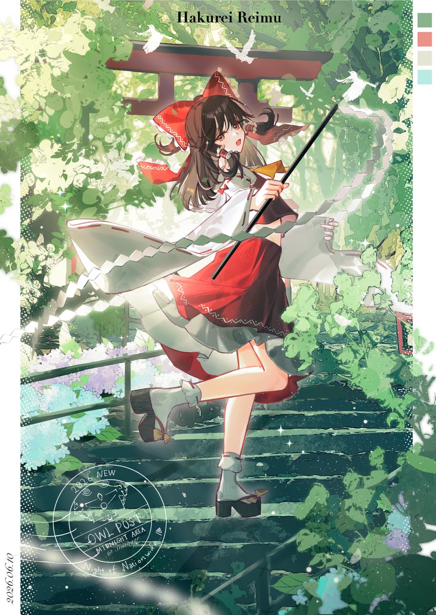 东方Project、博丽灵梦 1名女孩 阿斯科特领巾 蓝花 蝴蝶结 棕眼睛