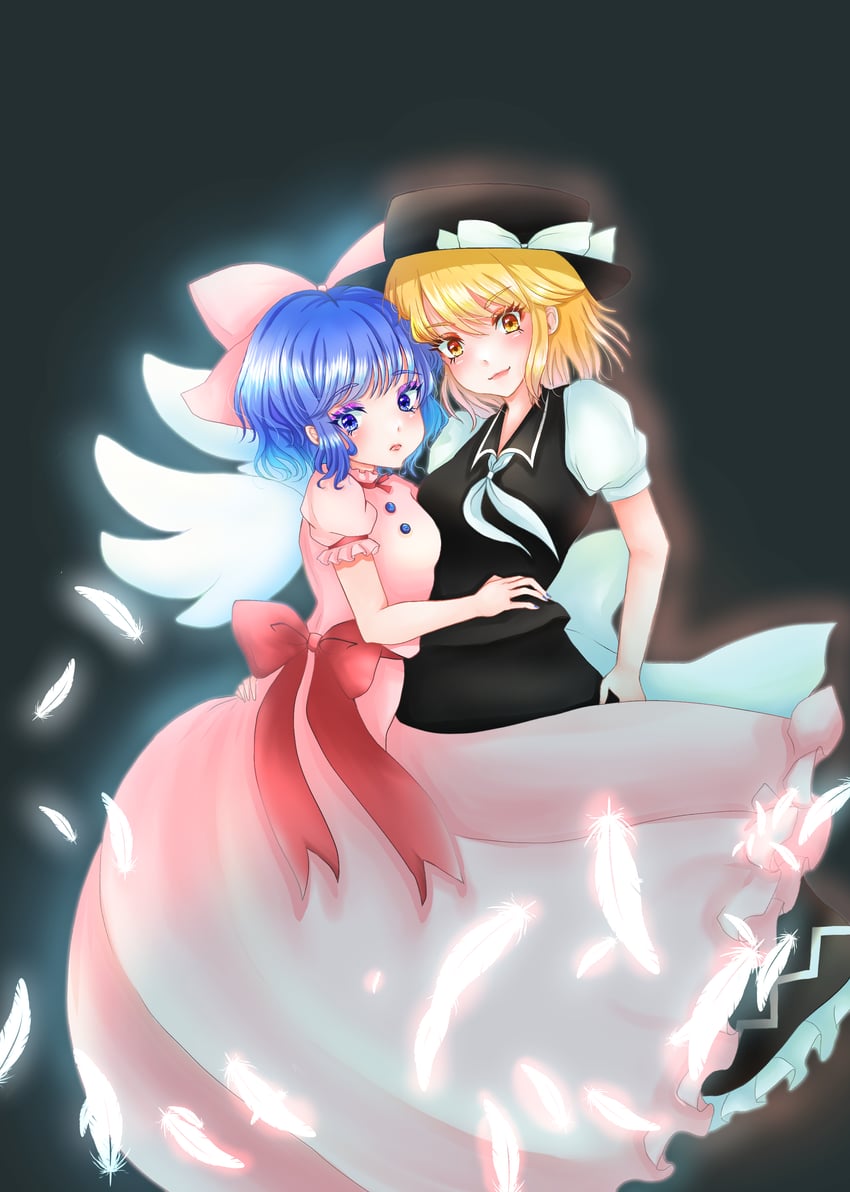 东方Project、东方Project (PC-98)、舞 2名女孩 天使翅膀 背部蝴蝶结 黑帽子 金发