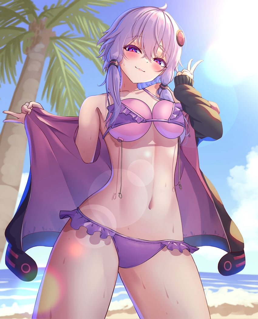 VOCALOID、VOICEROID、结月缘 1名女孩 海滩 比基尼 黑色夹克 脸红