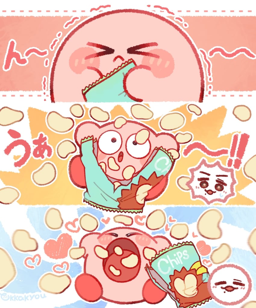 星之卡比系列、现实生活、星之卡比 三格漫画 惊讶 闭眼挤眼 薯片袋 腮红贴纸