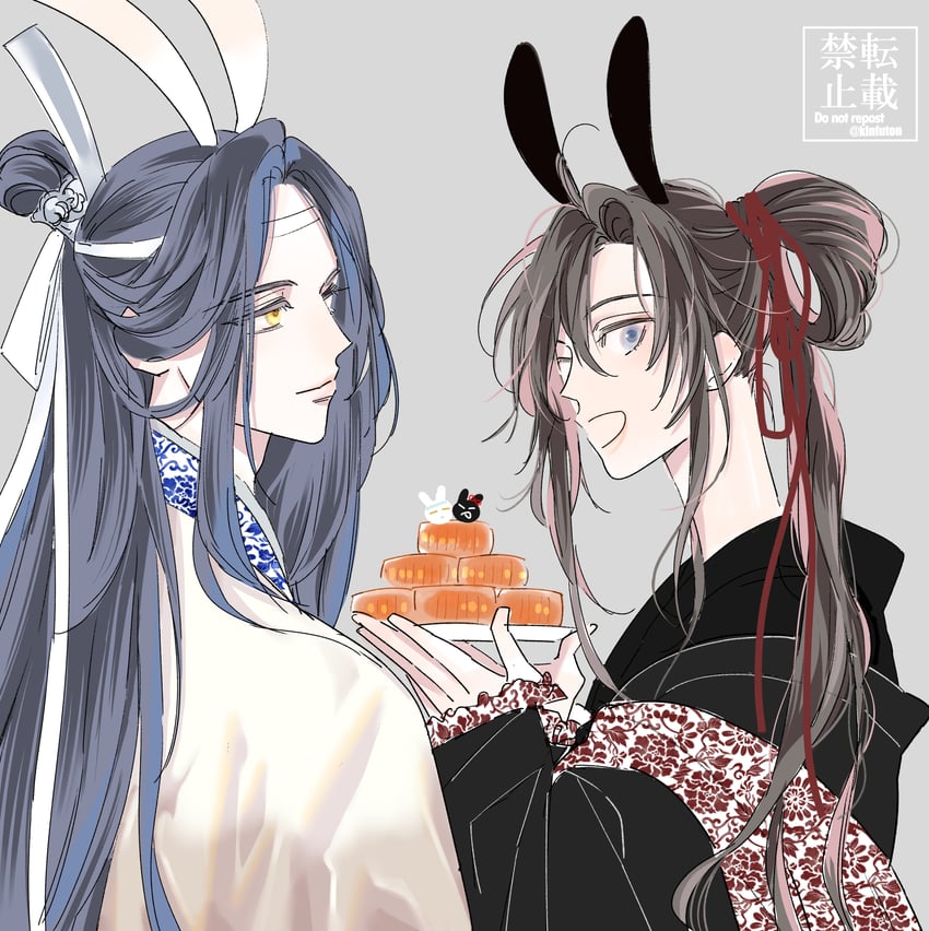 魔道祖师、蓝忘机、魏无羡 2个男孩 呆毛 不同发型 兽耳 黑发