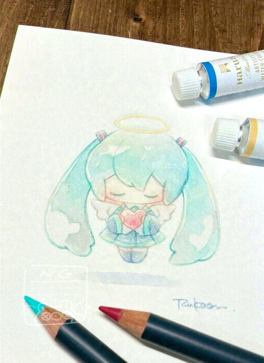 VOCALOID、初音未来 1名女孩 水色发 画面内含画具 闭眼 双分刘海