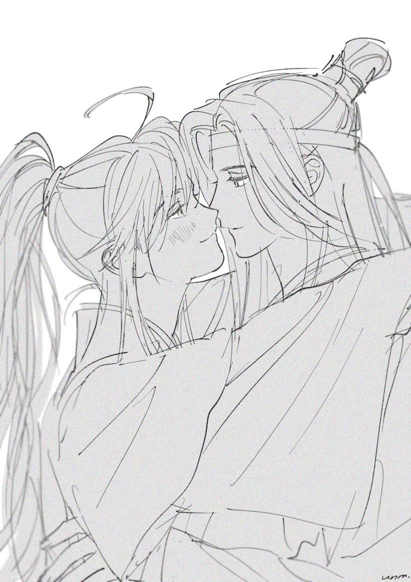 魔道祖师、蓝忘机、魏无羡 2个男孩 呆毛 作者名 脸红 中国风服饰