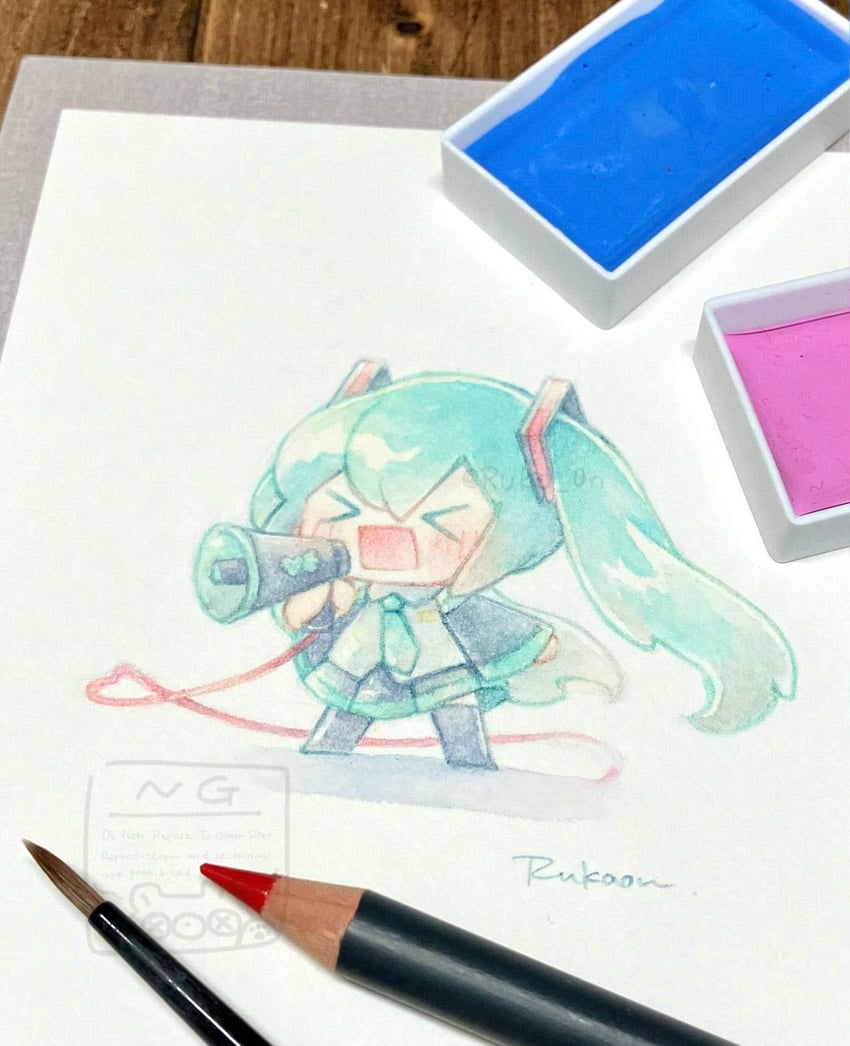 VOCALOID、初音未来 1名女孩 水色发 画面内含画具 脸红 Q版