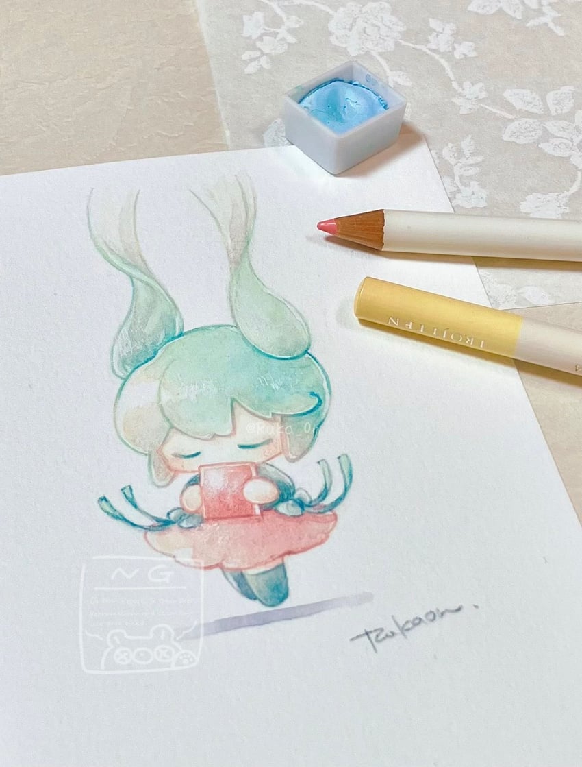 VOCALOID、初音未来 1名女孩 水色发 画面内含画具 书 Q版
