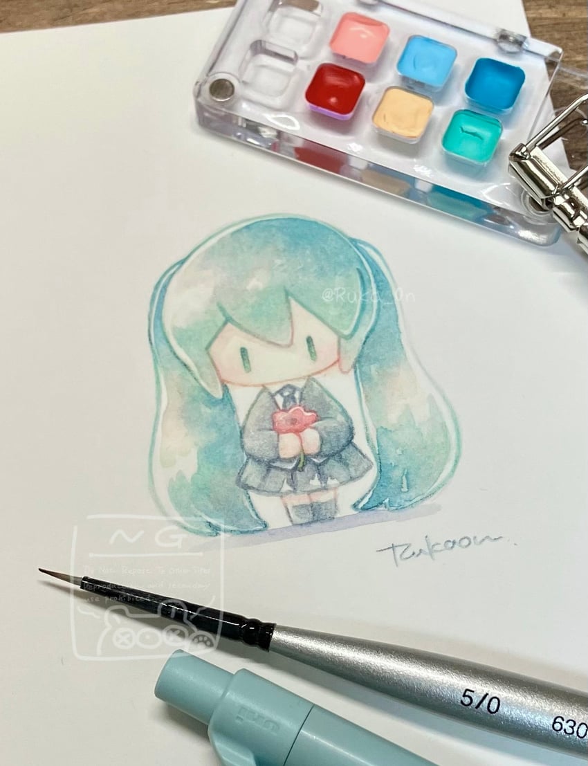 VOCALOID、初音未来 1名女孩 水色发 画面内含画具 黑色领带 Q版