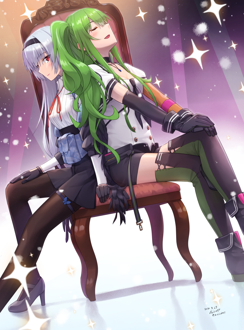 少女前线、M950A (少女前线)、闪电 (少女前线) 2名女孩 背靠背 黑色连裤袜 蓝发 闭眼