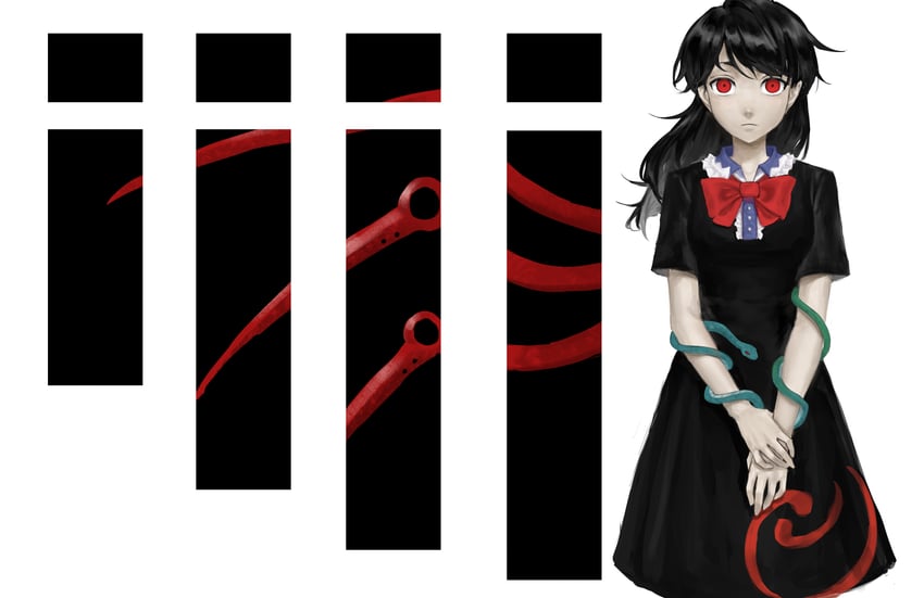 东方Project、封兽鵺 1名女孩 黑色连衣裙 黑发 蝴蝶结 蝶形领结