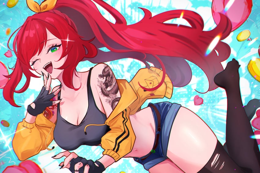 个人势虚拟主播、Elly (第一套服装) (VTuber)、Elly (VTuber) 1名女孩 手臂纹身 黑色手套 黑色运动内衣 黑色过膝袜