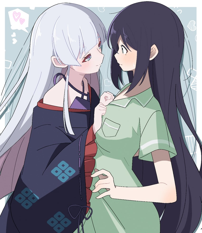 超辉夜姬!、留奈美八千代、坂寄伊吕波 2名女孩 黑发 蓝眼 蓝色和服 脸红