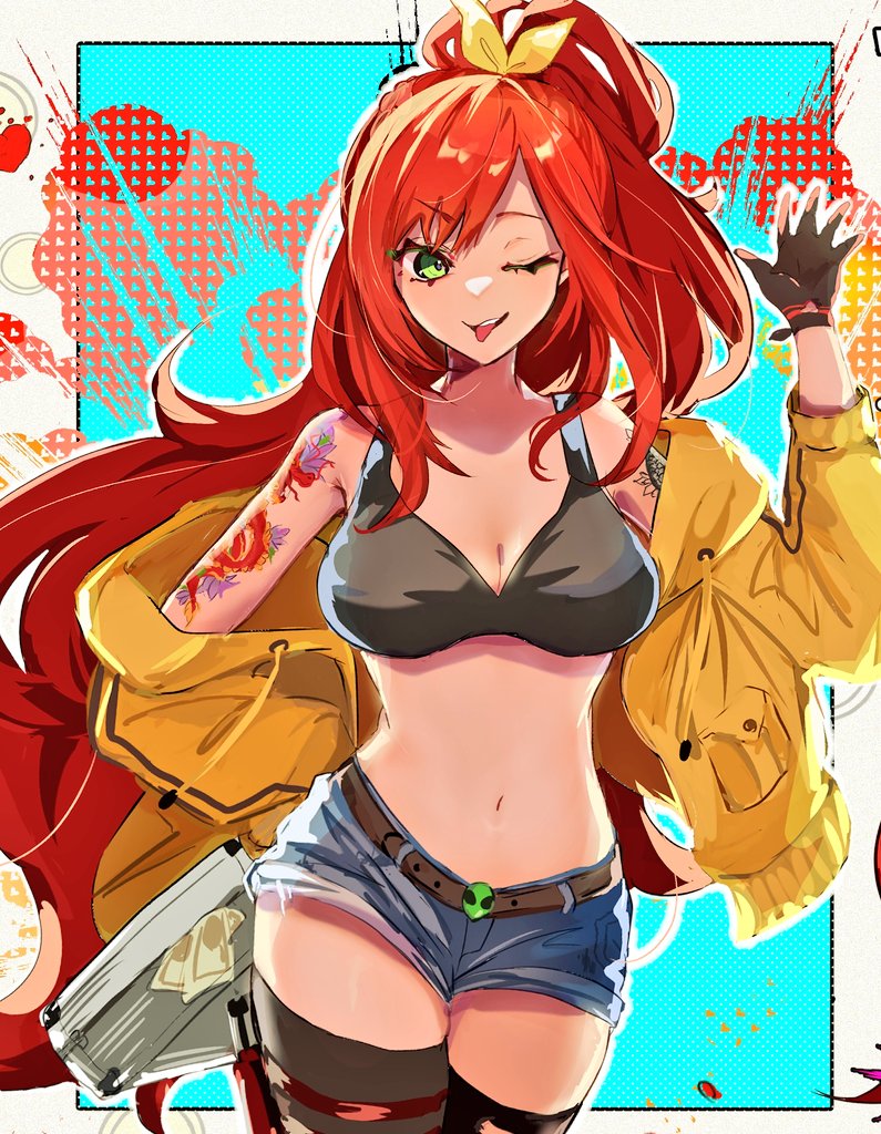 个人势虚拟主播、Elly (第一套服装) (VTuber)、Elly (VTuber) 1名女孩 手臂纹身 黑色手套 黑色运动内衣 黑色过膝袜