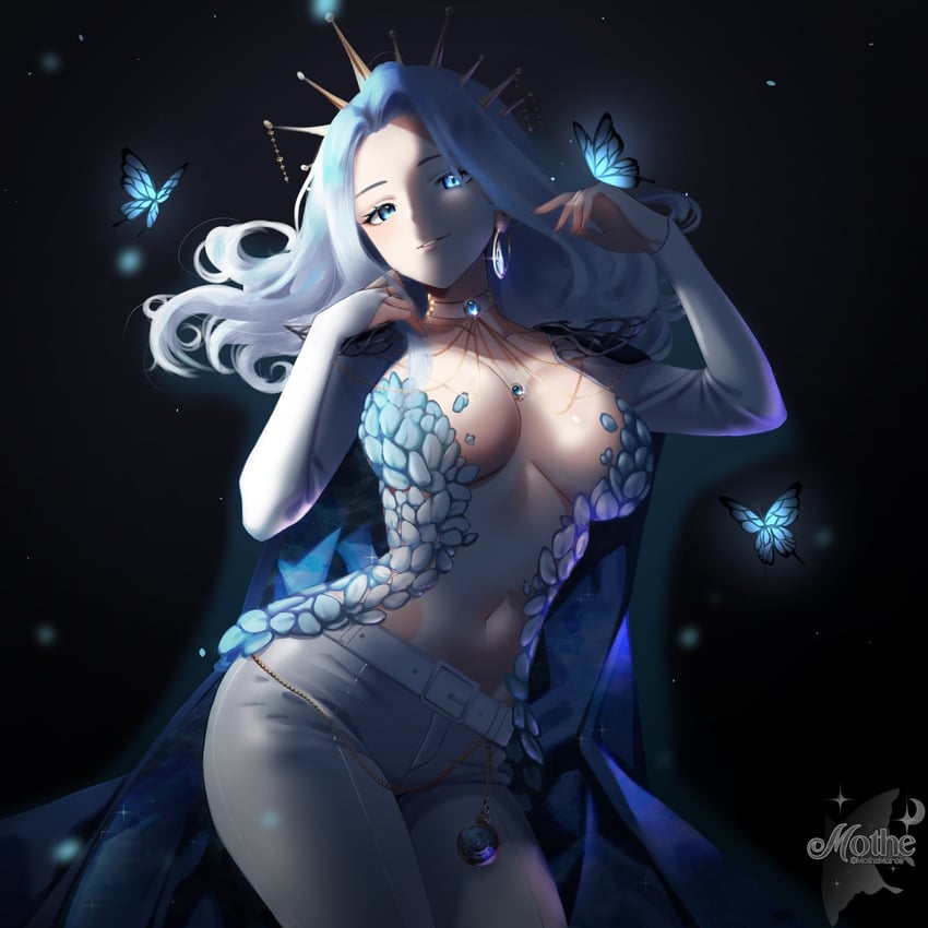 个人势虚拟主播、Monarch (Amalee)、莫纳克·阿玛莉 (第一套服装) 1名女孩 腰带 蓝蝴蝶 蓝色披风 蓝眼