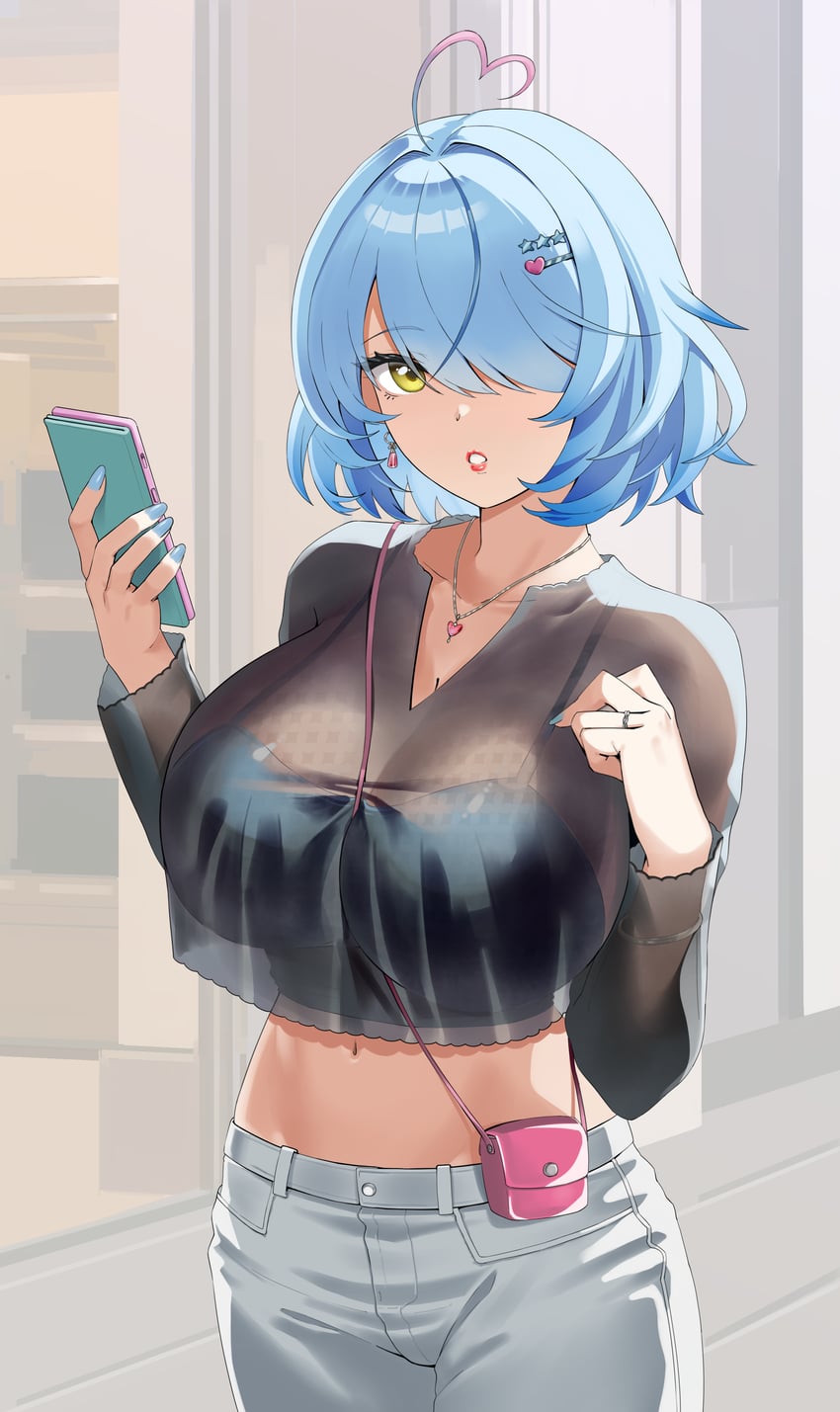 Hololive、雪花拉米 1名女孩 呆毛 黑吊带背心 黑衬衫 蓝发